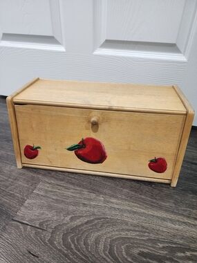 Wooden Bread Box with Red Apple Design